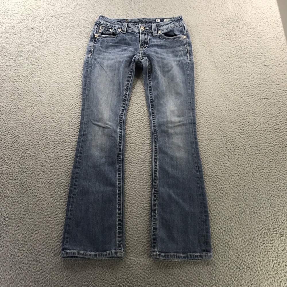 Miss Me Jeans Womens 27x31 Blue Slim Bootcut Distressed embellished Sequin